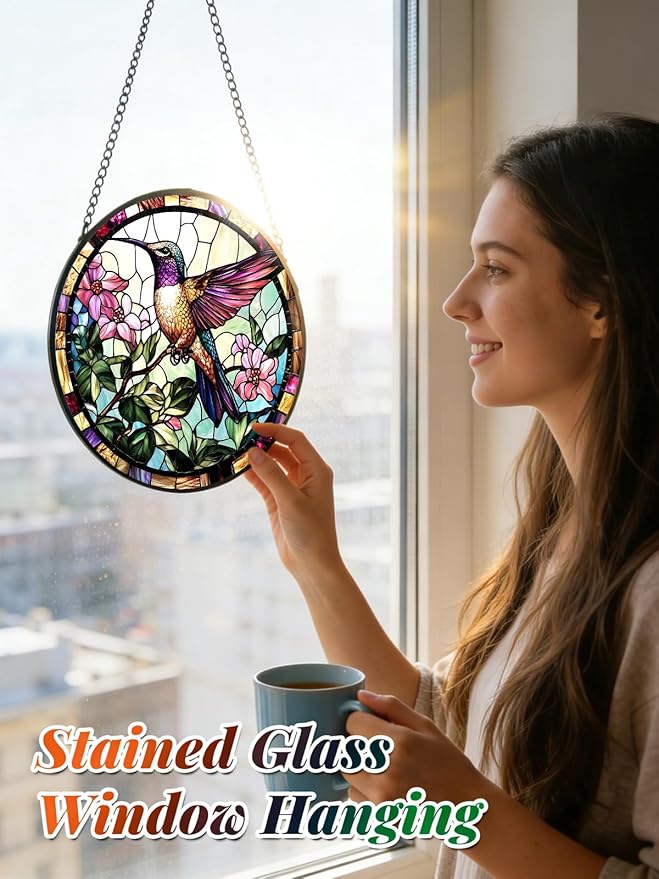 Hummingbird Stained Glass Suncatcher Window Hanging Flowers Gifts for Mom | 9.8in Garden Sun Catcher, Bird Pink Flowers Ornament for Door Home, Gift for Bird Lovers Grandma & Mother's Day Christmas