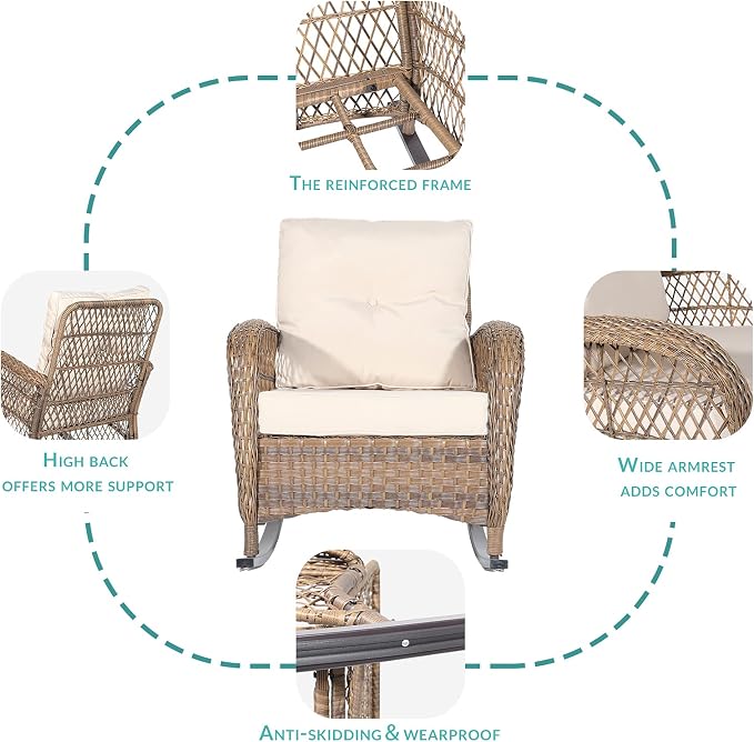 MEETWARM 5 Pieces Outdoor Wicker Patio Conversation Sets with Glider Loveseat, 2 Chairs with 2 Glass-Top Coffee Table Rocking Glider Set, Wicker Conversation Set with Thickened Cushions, Beige
