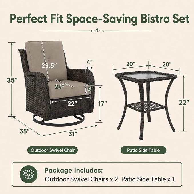 HUMMUH 3-Piece Swivel Rocking Rattan Chair Outdoor, Patio Bistro Furniture Conversation Set,Cushioned Wicker Chair with Glass Coffee Table(Brown, Grey)