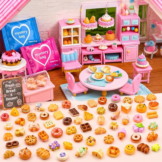 100 PCS Mystery Bag Mini Resin Food Blind Bags, Cute Tiny Food Figurines Surprise Box Toys for Kids, Dessert Snack Collectibles for Party Favors Classroom Prizes Goodie Bag Stuffers Dollhouse Decor