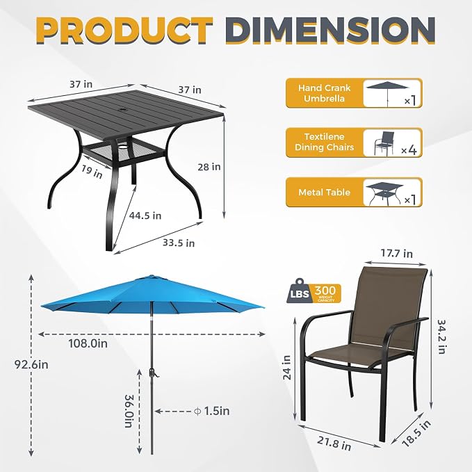 Crownland 5 Piece Patio Dining Set, Outdoor Textilene Dining Sets, 4 Textilene Metal Chairs and Square Outdoor Dining Table with Sky Blue 9FT Round Outdoor Umbrella (Brown)