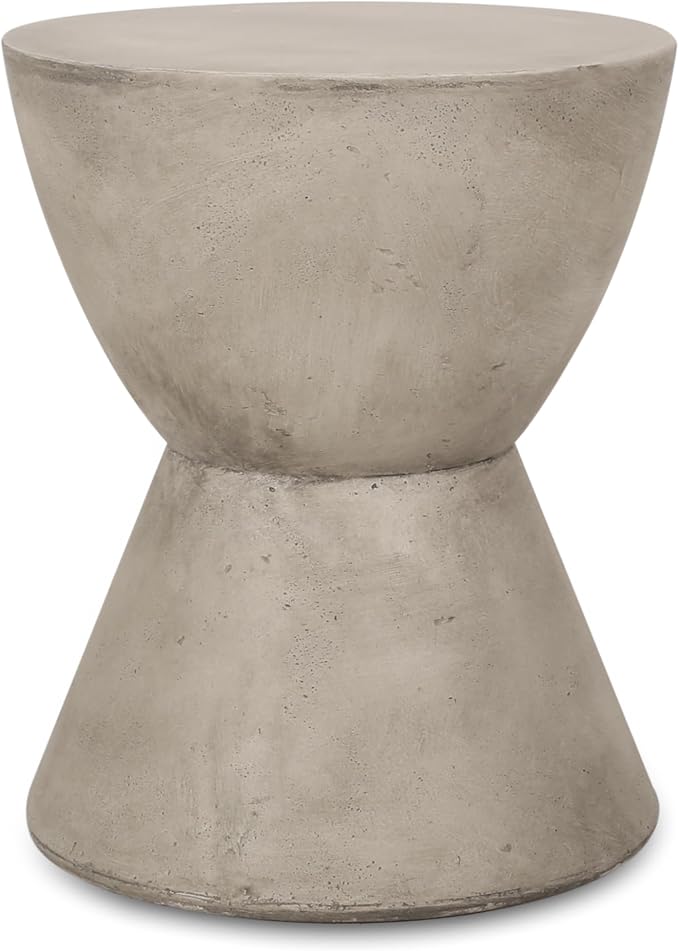 Outdoor Side Table Hourglass Concrete Side Tables Travertine End Table Faux Stone Small Coffee Tables for Patio, Garden Stool Plant Stand for Porch, Backyard, 15.25"*18", Waist Drum-Cement