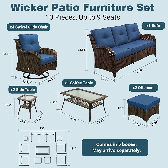 Luxury Patio Conversation Set, 10-Piece Ergonomic High Back Wicker Sofa&Swivel Chair Set with 6-Inch Deep Seating Cushions, Large Patio Furniture Set for Garden, Deck & Balcony, Navy Blue