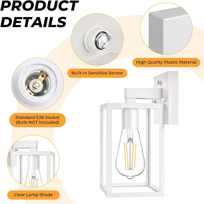 1 Pack Dusk to Dawn Outdoor Wall Sconce, White | Waterproof Wall Mount Lantern, Exterior Porch Wall Light, Weatherproof, Wide Outdoor Use, Doorway Garage Yard