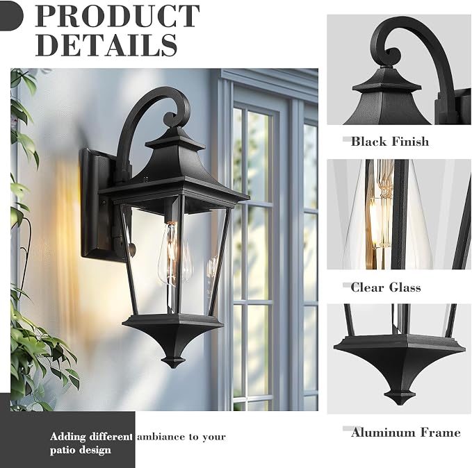 Emliviar Outdoor Porch Light, 21.1 Inch Modern Outdoor Wall Light for House Porch, Clear Glass in Black Finish, XE292B-M BK