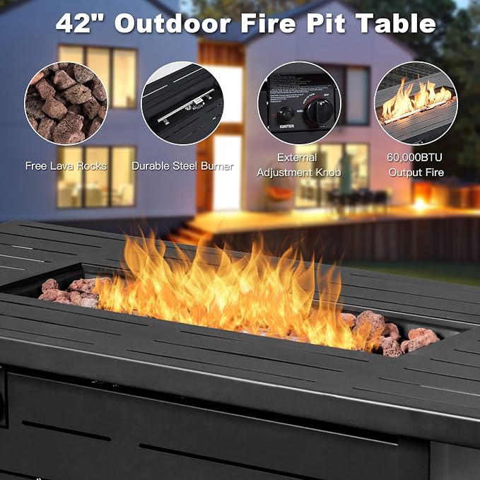 Tangkula 9 Pieces Patio Rattan Furniture Set, Patiojoy Sectional Sofa Set w/Storage Box, Coffee Table, Outdoor Wicker Conversation Set w/ 42” ETL Approved Propane Fire Pit Table (Navy Blue)
