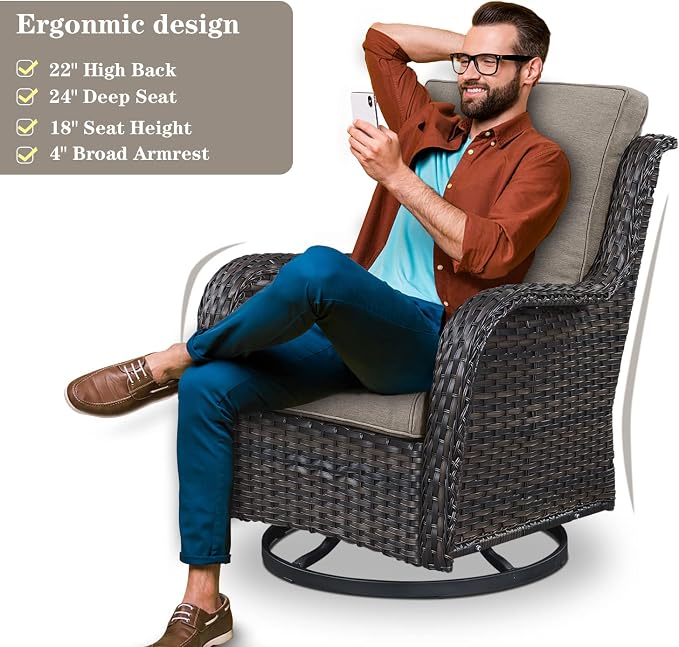 Belord Wicker Patio Furniture Sets - 8 Piece Rattan Outdoor Furniture Conversation Sets with 4 Swivel Rocker Chairs, Rattan Sofa, Wicker Ottomans and Coffee Table, Brown/Grey