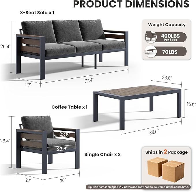 SUNYRISY Aluminum Outdoor Patio Furniture Set with Coffee Table, 4 Piece Outdoor Conversation Sets with Thick Cushions, Oversized Sectional Sofa Couch Set for Porch, Deck, Yard, Pool