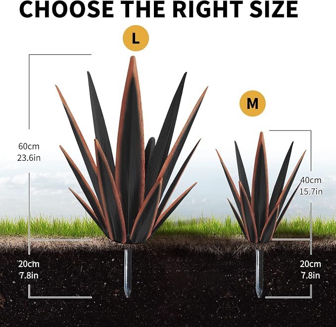 KODIBO 24" Metal Agave Plant Outdoor Decor, Large Garden Sculpture, Black | Outdoor-Resistant, Hand-Painted Metal Plant, Tequila Rustic Sculpture, Desert Steel Yard Art, Mexican Style Garden Decor