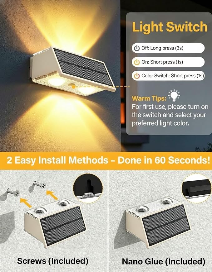Solar Fence Lights Outdoor, 2 Pack Fence Solar Lights Waterproof | IP65 Fence Lights Solar Powered Up & Down LED Focus, 9 Color Modes, 12H Dusk to Dawn Glow for Patio/Backyard - Pure White