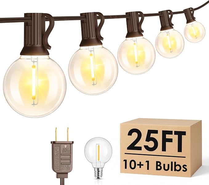 25FT G40 LED Outdoor String Lights with 10+1 Bulbs, Plug-in, Brown | Waterproof, Shatterproof, Dimmable, Connectable, Energy-saving, Patio Lights Porch Balcony Backyard Party Classroom Decor