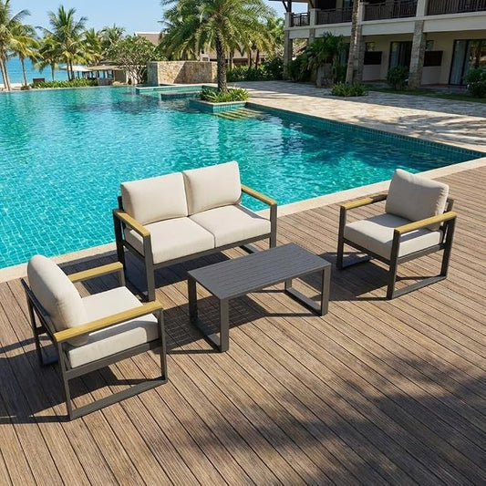 IDEALHOUSE Aluminum Outdoor Patio Furniture - 1 Pcs Loveseat and Coffee Table, All-Weather Metal Modern Outside Furniture with Washable Thick Cushion for for Balcony, Garden, Deck, Backyard,Beige