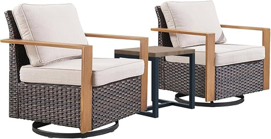 Outdoor Patio Swivel Rocker Chairs - 3 Piece Wicker Patio Furniture Bistro Set with 2 Swivel Rocking Chairs and 1 Metal Side Table,Thick Cushions,Deep Seating for Deck Porch Garden(Brown/Beige)