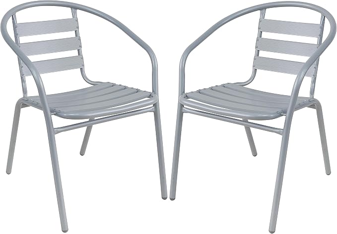 BTEXPERT Gray Indoor Outdoor Restaurant Stainless Steel Silver Aluminum + 2 Metal Slat Stack Commercial Lightweight, 2 Chairs with a 27.5" Round Table