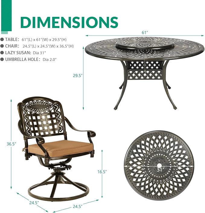 VIVIJASON 9-Piece Outdoor Furniture Dining Set, Rust-Free Cast Aluminum Patio Conversation Set, Include 8 Swivel Dining Chairs & 61" Round Dining Table with 31" Lazy Susan, Umbrella Hole, Khaki