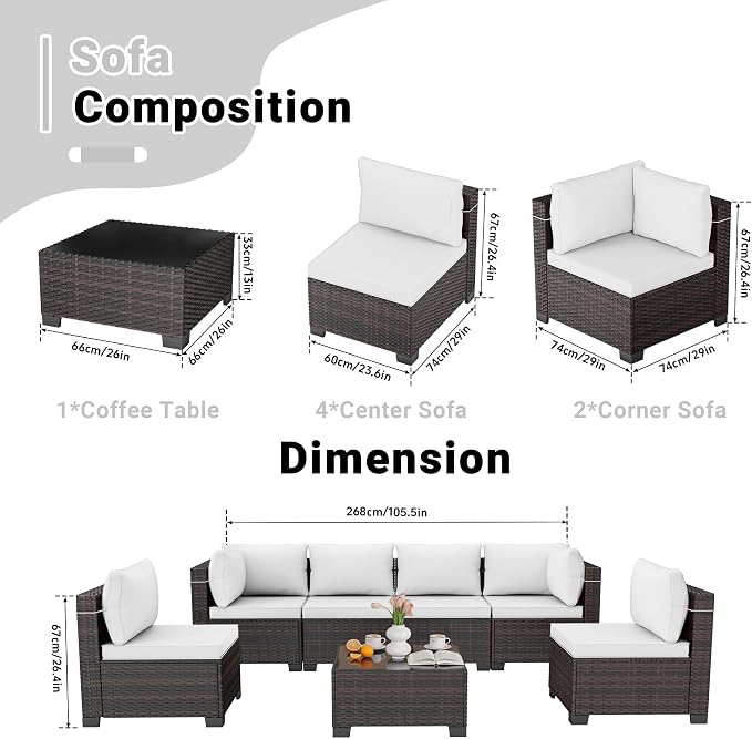 LAFWLL 7 Pieces Outdoor Patio Furniture Sets,Rattan Conversation Sectional Set,Manual Weaving Wicker Patio Sofa with Tea Table