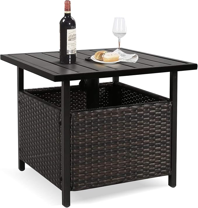 PEAK HOME FURNISHINGS Outdoor Bistro PE Wicker and Steel Umbrella Side Table Stand with Umbrella Hole