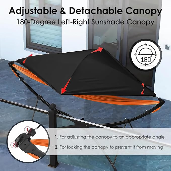 Portable Outdoor/Garden Hammock with Folding StandStand, Adjustable Sunshade Canopy and Storage Bag, Adult/Child Hammock Chair for Camping, Home Gardens, Hotels, Beaches,Forest (Black+Orange)