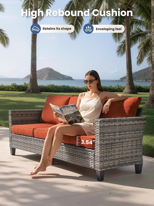 5-Piece Outdoor Patio Furniture Set with Swivel Chairs, Outdoor Conversation Wicker Sofa with Coffee Table, Rattan Couch for Deck, Backyard, Poolside (Orange)