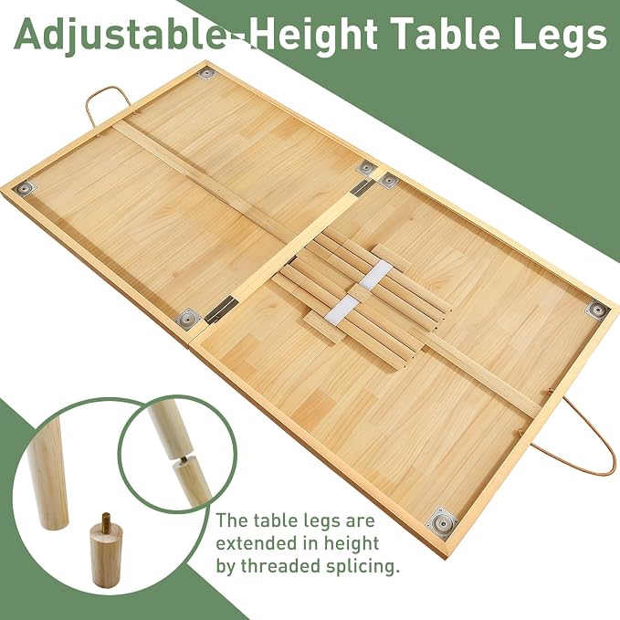 Folding Picnic Table with Table Runner, 60" x 30" Large Wooden Japanese Floor Table, Portable Boho Low Picnic Table, Adjustable Heights Legs, for Indoor Outdoor Camping, for 6-8 People