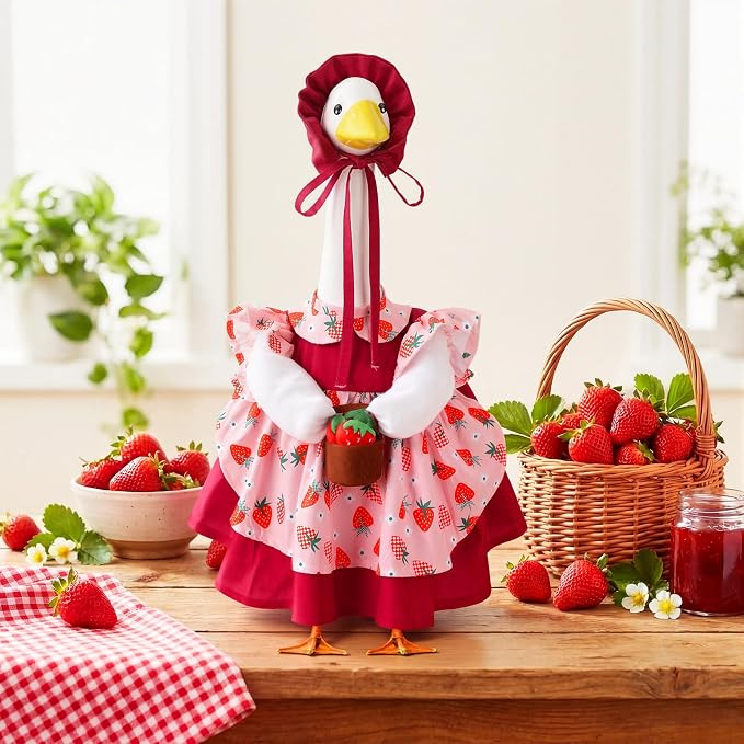 Abbylike Summer Porch Goose Outfits for 23''/17" Cement Statue Strawberry Goose Outfit Strawberry Gril with Basket Costume for Spring Summer Outdoor Yard Lawn Patio Decor