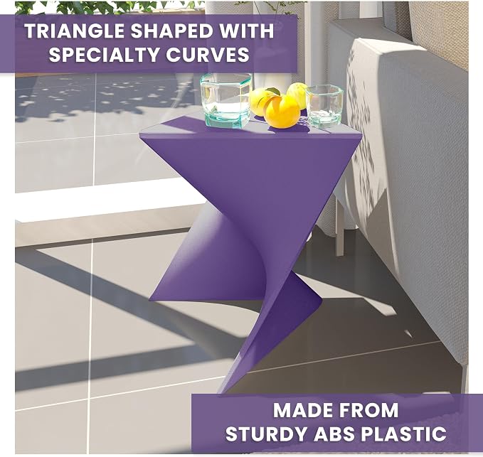 LeisureMod 15.75" Triangular Side Table, Stackable Plastic Accent End Table for Indoor & Outdoor Use, Weather-Resistant Modern Patio & Living Room Table, Set of 2, Purple