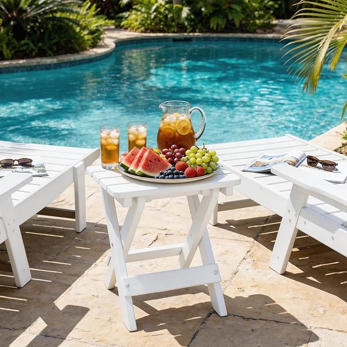 Folding Outdoor Side Table,Small HDPE Patio Table,All-Weather Compact Portable End Table for Patio,Porch,Pool,White,11.8" D x 15.7" W x 15.7" H