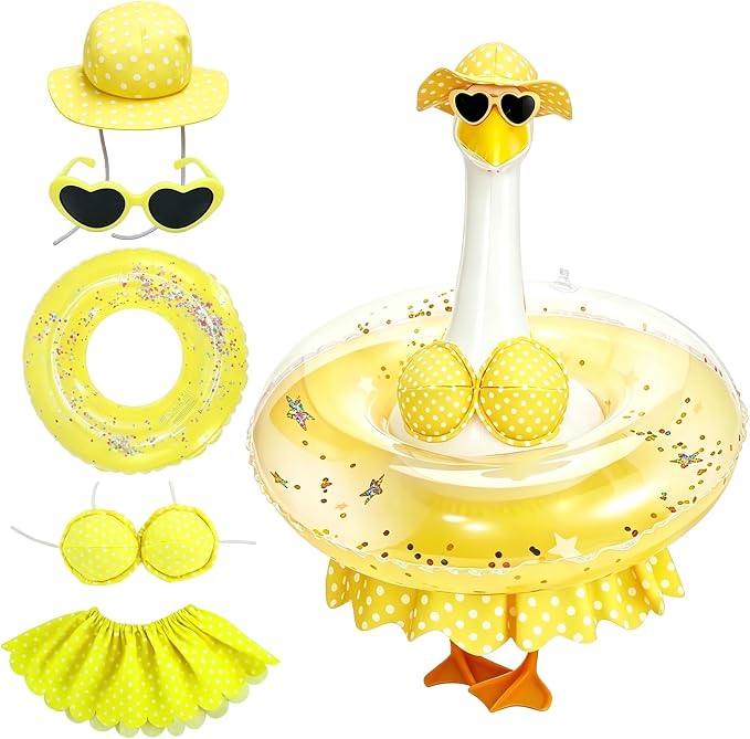 Hawaiian Porch Goose Outfit, Summer Bikini Costume with Sunglasses & Wreath, Fits 23" Goose Statue, Garden Lawn Patio Yard Outdoor Decoration (Yellow)