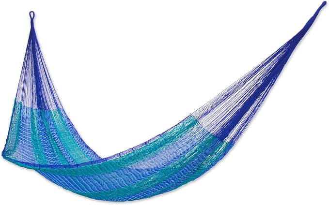 NOVICA Artisan Cool Lagoon Striped Mayan Hammock, Handmade Blue and Green Nylon Rope Double Hammock from Mexico, Bed 78" L x 78" W, Total 158" L