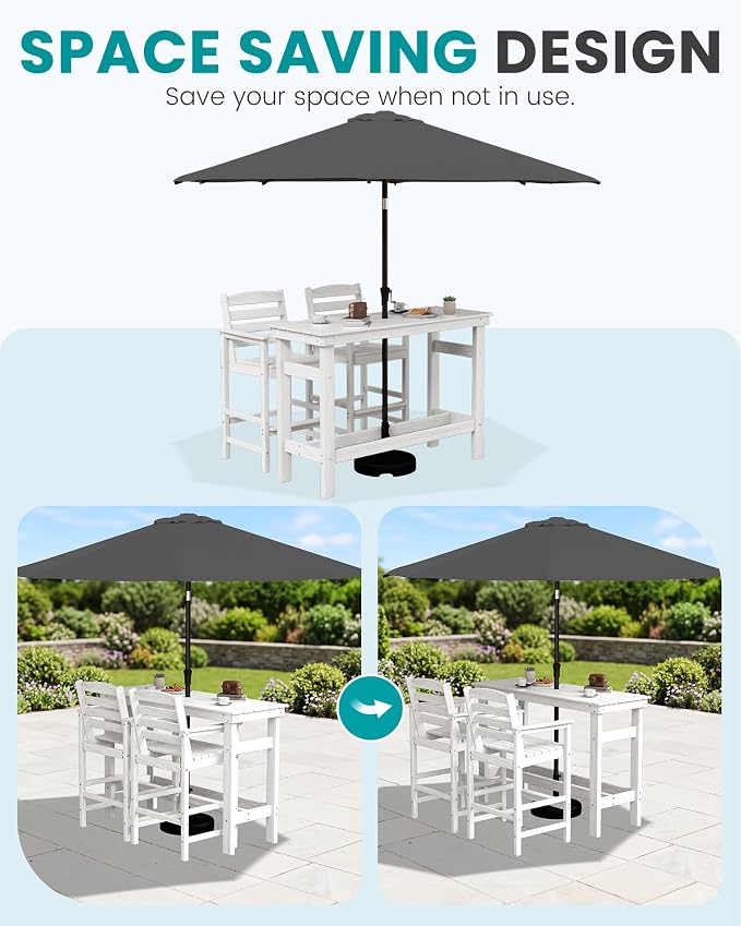 SERWALL Outdoor Bar Set with 9ft Umbrella, All-Weather HDPE Patio Bar Chairs and Table, Outdoor Furniture Set, White (Umbreall Base not Included)