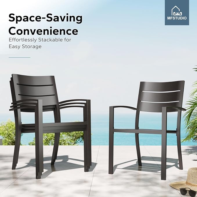 MFSTUDIO Patio Dining Set for 8, Black Metal Outdoor Table and Chairs Set with Umbrella Hole, 9 Piece Wrought Iron Patio Furniture Dining Set for Deck Backyard Garden