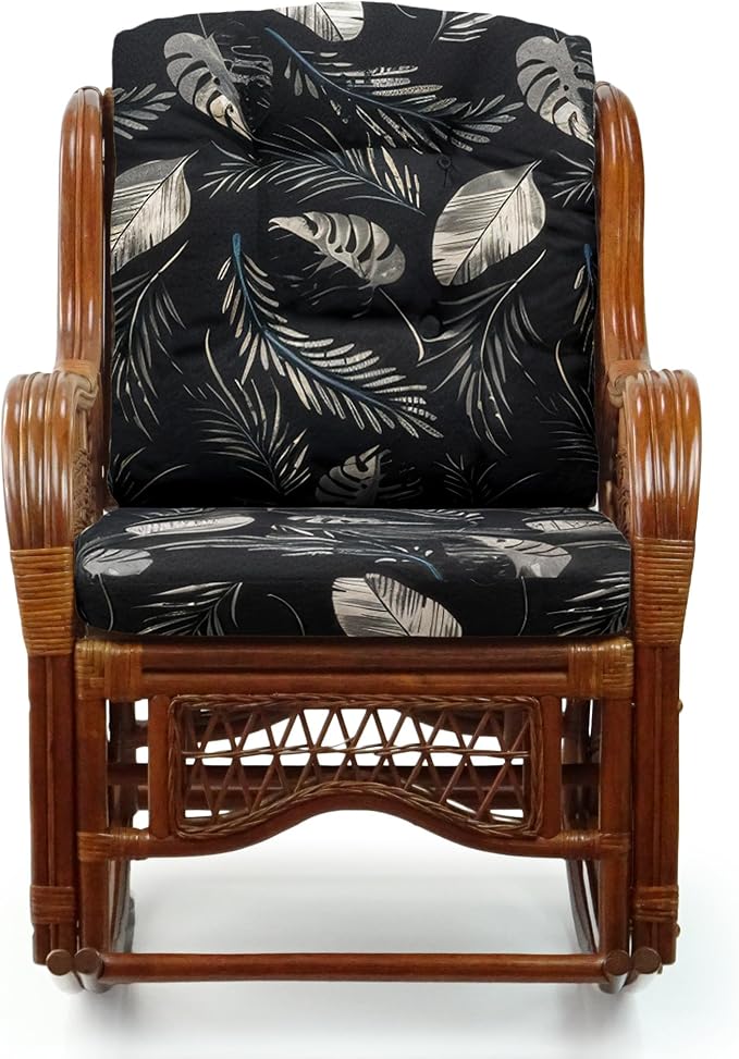 Malibu Handmade Natural Rattan Living Room Set of 2 Rocking Lounge Chairs and Round Coffee Table with Glass, Colonial Color with Black Leaf Cushions