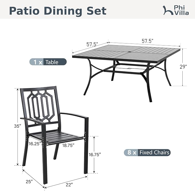 PHI VILLA 9 Pieces Outdoor Dining Set for 8, 57.5" Black Square Metal Table with Umbrella Hole & Stackable Wrought Iron Chairs, Large Outside Furniture Set for Patio, Deck, Yard, Porch