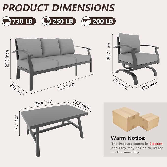 Metal Patio Furniture Set,4 Pieces 5 Seats Patio Sectional Outdoor Furniture Set with Rectangular Coffee Table,Patio Conversation Sets with 5.1" Thickened Cushions,GreyGrey