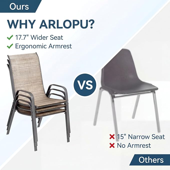 Arlopu 7-Piece Outdoor Table and Chairs for 6, Outdoor Dining Set W/Rectangle Glass Table and Patio Textilene Stackable Chairs, Patio Furniture Set W/Umbrella Hole (Black Table & Brown Chair)
