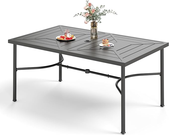 HERA'S HOUSE 64" Outdoor Dining Table with Umbrella Hole, Rectangular Patio Garden Backyard Lawn Table