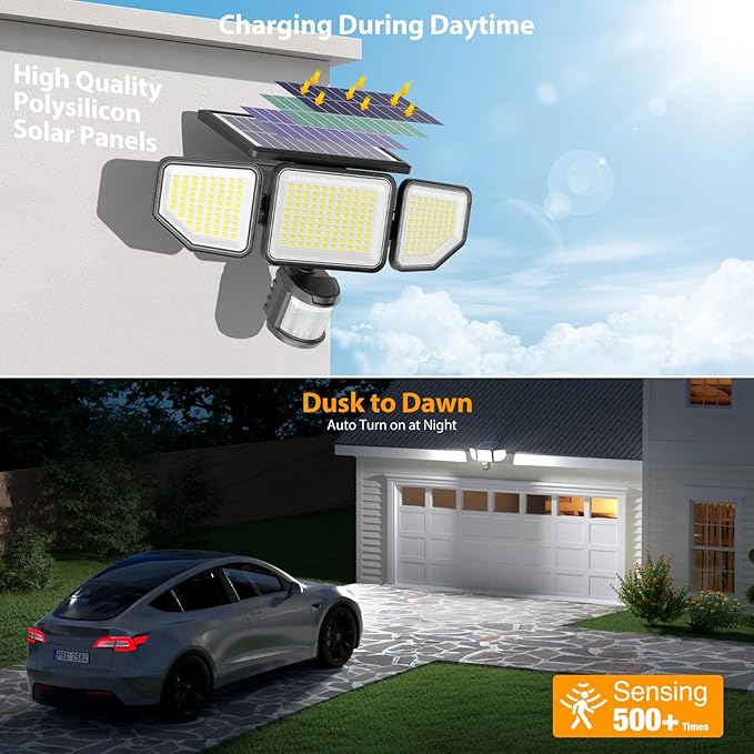 Onforu 4500LM Solar Lights Outdoor, 3 Heads Security Lights with Remote Control, IP65 Waterproof Motion Sensor Lights, 3 Modes Flood Lights for Wall, Porch, Yard, Outside, 3 Pack