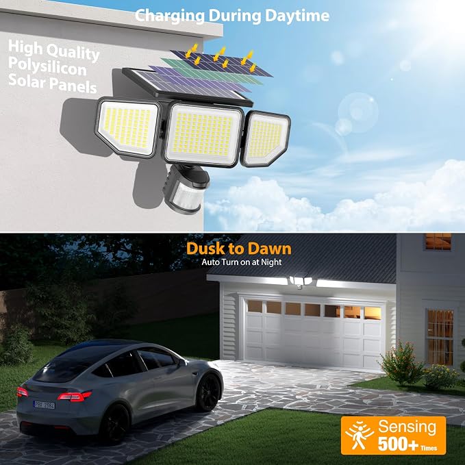 Onforu 4500LM Solar Lights Outdoor, 3 Heads Security Lights with Remote Control, IP65 Waterproof Motion Sensor Lights, 3 Modes Solar Light Fixtures for Wall, Porch, Yard, Outside, 1 Pack