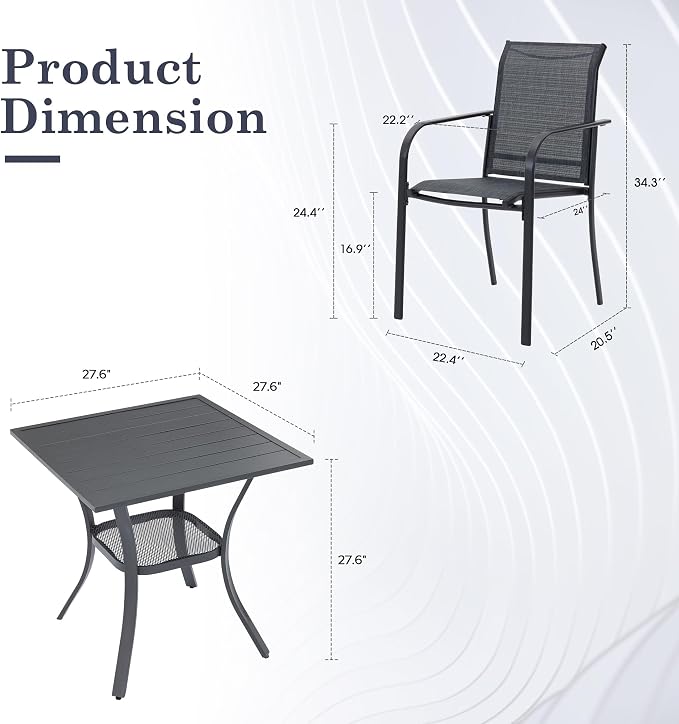 3 Pieces Outdoor Dining Set, Stackable Textilene Paito Chairs & 27.5" Square Dining Table with Shelf, Patio Dining Set for Backyard, Deck, Garden, Grey & Dark Grey