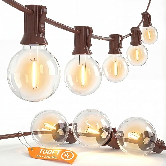 SUNSGNE 100FT Brown Outdoor String Lights, Shatterproof LED Globe String Lights with 50 G40 LED Bulbs, Waterproof Connectable Hanging Light for Backyard Patio Porch Balcony Party Decor, E12 Base