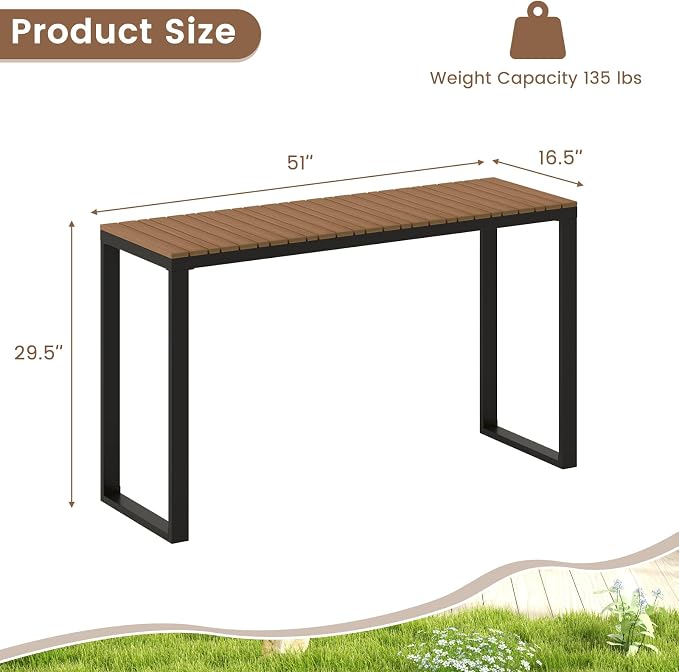 HAPPYGRILL Outdoor Rectangle Console Table with Metal Frame & Foot Pads, for 4-6 People, Patio Bar Dining Table for Backyard, Porch, Deck