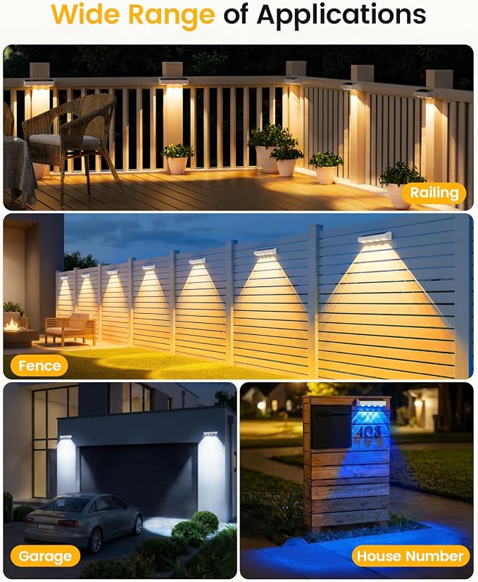 JOFIOS Solar Fence Lights Outdoor with Remote, 8 Pack, 9 Fixed Colors ＆ Color Changing Solar Lights Waterproof IP65 Dusk-to-Dawn Vinyl Fence Lights for Patio, Pool, Porch, Backyard, Wall, White