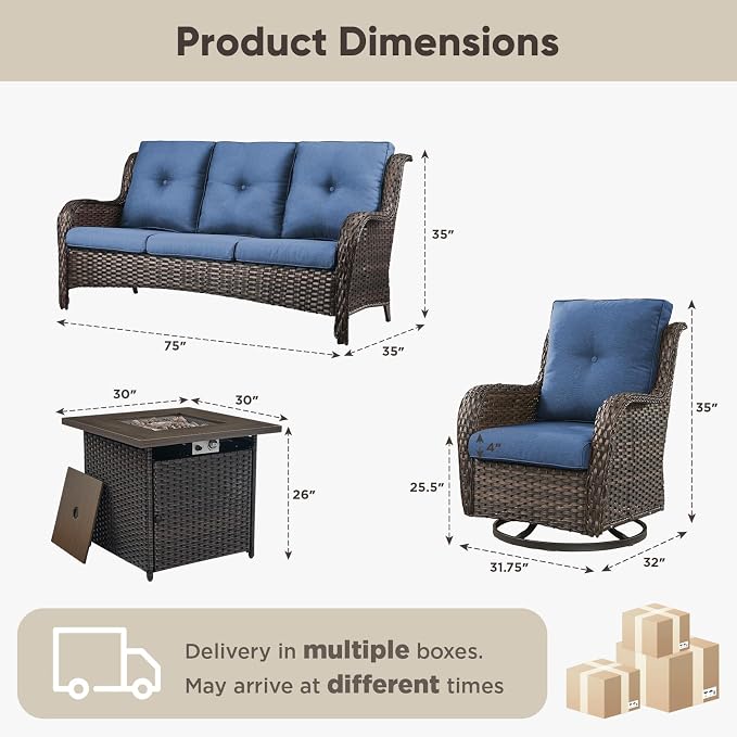 Belord 4 Piece Patio Wicker Furniture Set, Outdoor Swivel Rocker Chairs, All Weather Outdoor Patio Couch with Fire Pit Table for Deck Porch, Brown Wicker/Blue