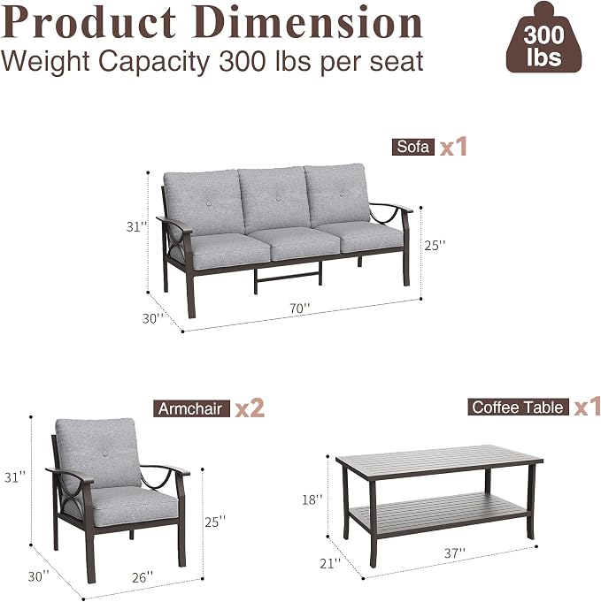 RoyalCraft Outdoor Patio Furniture Set, 4 Piece Patio Conversation Set with Coffee Table, Metal Furniture Set for Porch Backyard Garden, Grey
