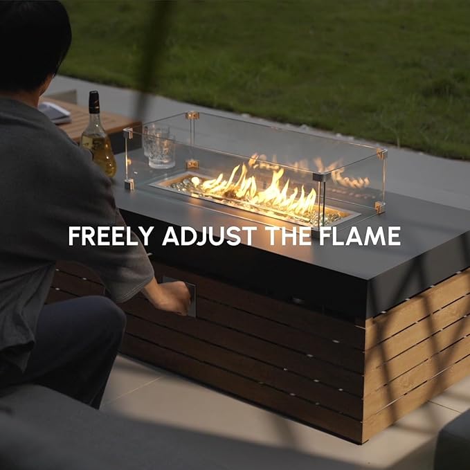homary Patio Conversation Sets with Fire Pit, Modular Outdoor Sofa Aluminum & Teak Outdoor Sectional with Glass Wind Guard Ideal for Patios & Balconies, 6 Pepole, Beige