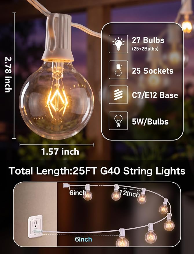 25FT Outdoor White String Lights with 27 Clear Bulbs, G40 Globe Patio String Lights for Indoor/Outdoor, Connectable Hanging Lights for Backyard Porch Balcony Party Decor - White Wire