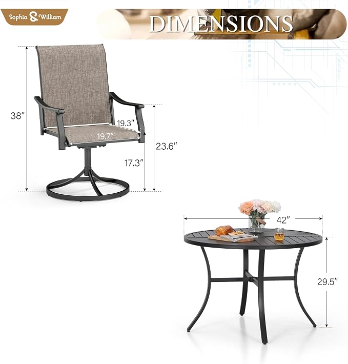 Sophia & William Patio Dining Set for 4, Round Metal Table & Swivel Chairs | Iron Table, Textilene Chairs，Rust-Resistant Frame，Weather-resistant, Quick-drying & Breathable, Backyard deck