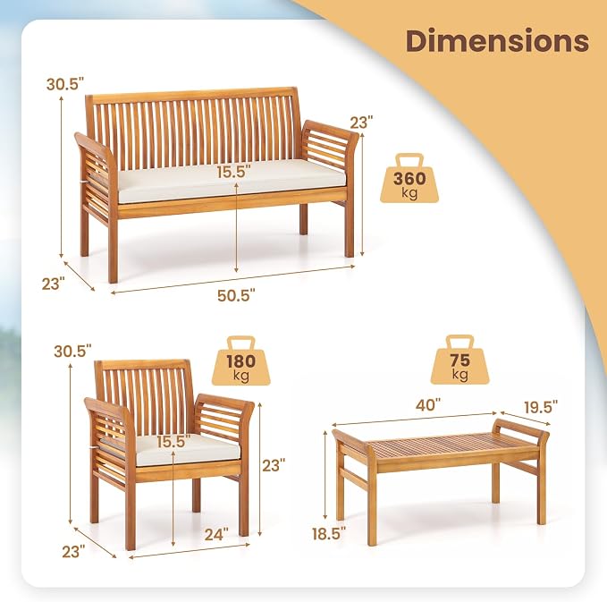 8 Piece Patio Furniture Set, Acacia Wood Sofa Set with Rectangular Coffee Table & Soft Seat Cushions, Outdoor Conversation Set for Garden, Backyard & Poolside