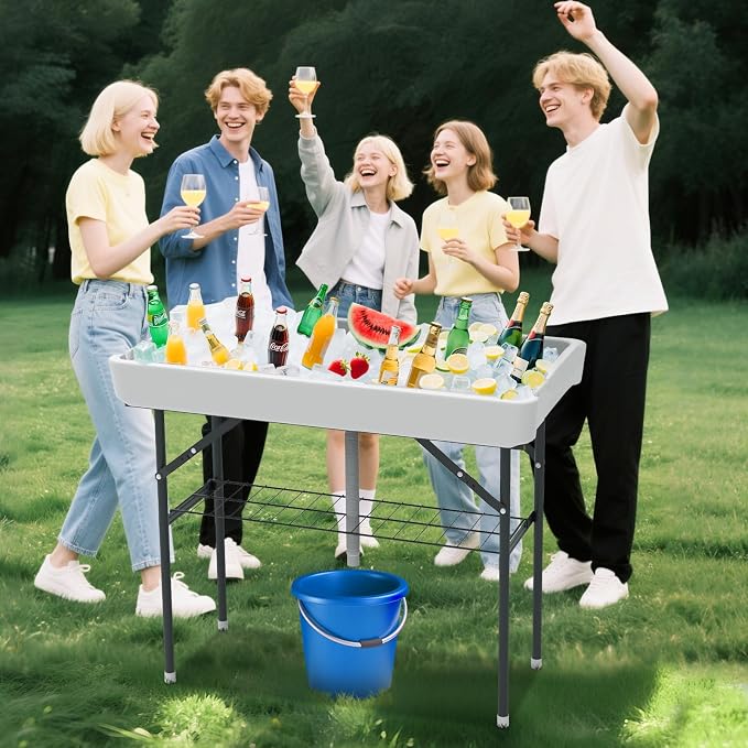 Folding Ice Cooler Table, Skirt &Drain Hose Plastic Chill Table to Keep Drinks Cool, Portable Foldable Self-Serving Beverage Cooling Bar for Parties, Picnics, Barbecues, Fishing(White