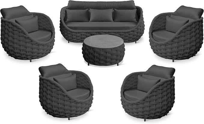 Aluminum Rope Patio Furniture Set: 6 Pieces Assembled Outdoor Conversation Sofa Set for 7 - Modern Metal Couch Set Cushioned - All Weather Porch Seating for Deck Garden Lanai Hotel, Dark Gray